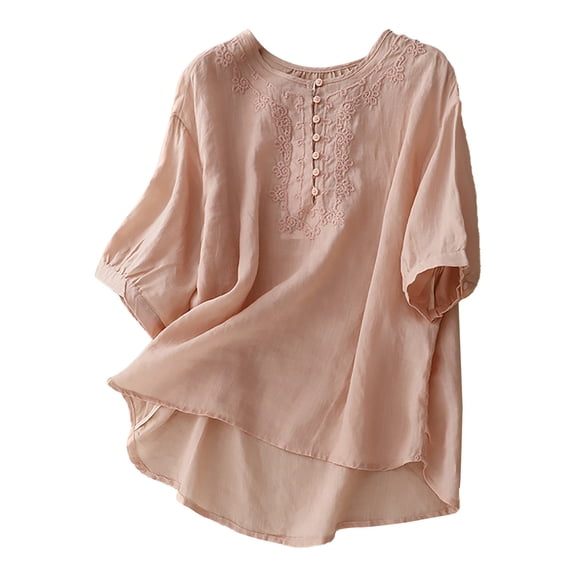Womens Shirts Summer Vintage Cotton Linen Round Neck Embroidery Loose Mid Sleeve T Shirt Top Womens Tops