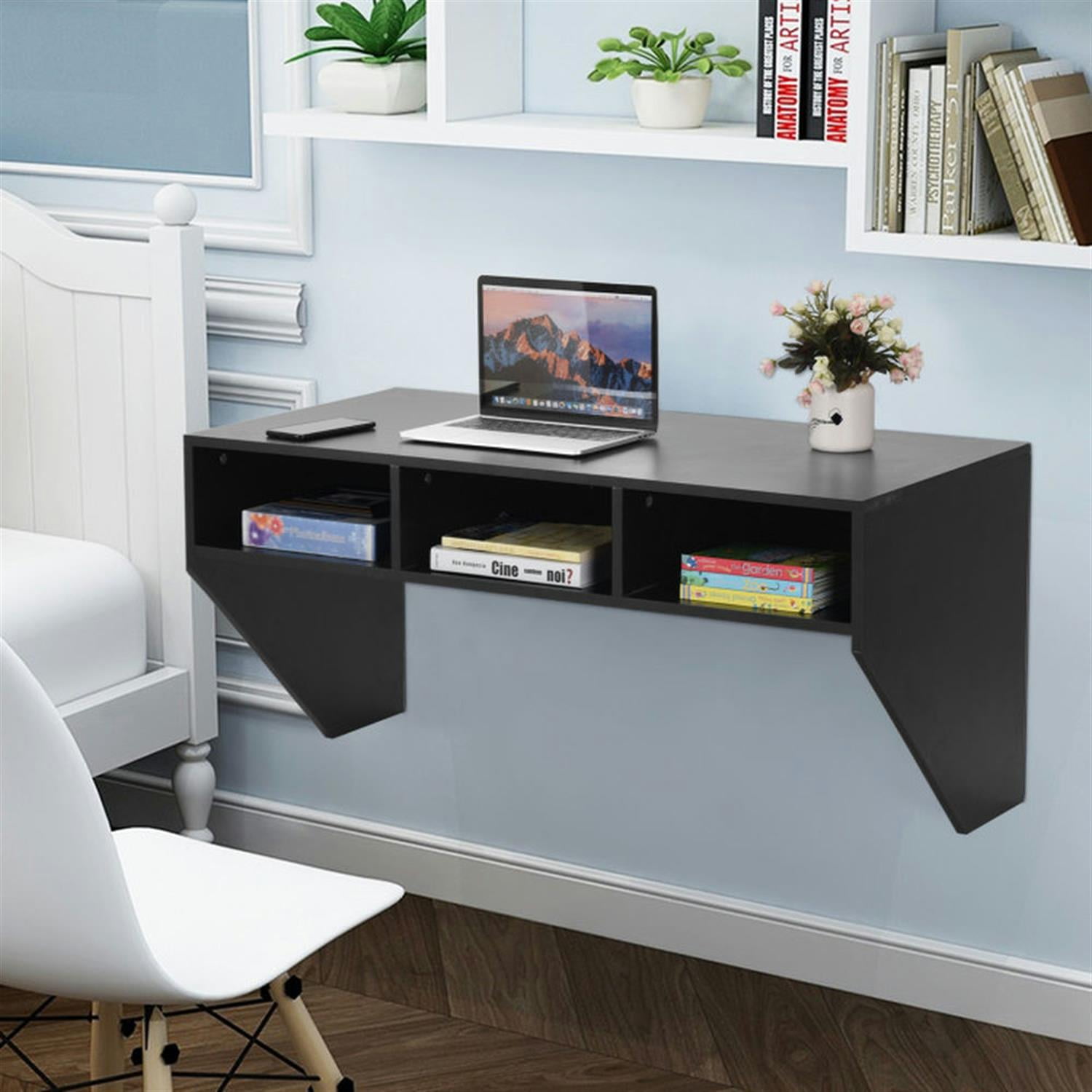 Demi Bonn Wall Mounted Floating Sturdy Computer Table with Storage Shelf, Laptop Workstation for Laptops, Books, Tablets, and Art, Black