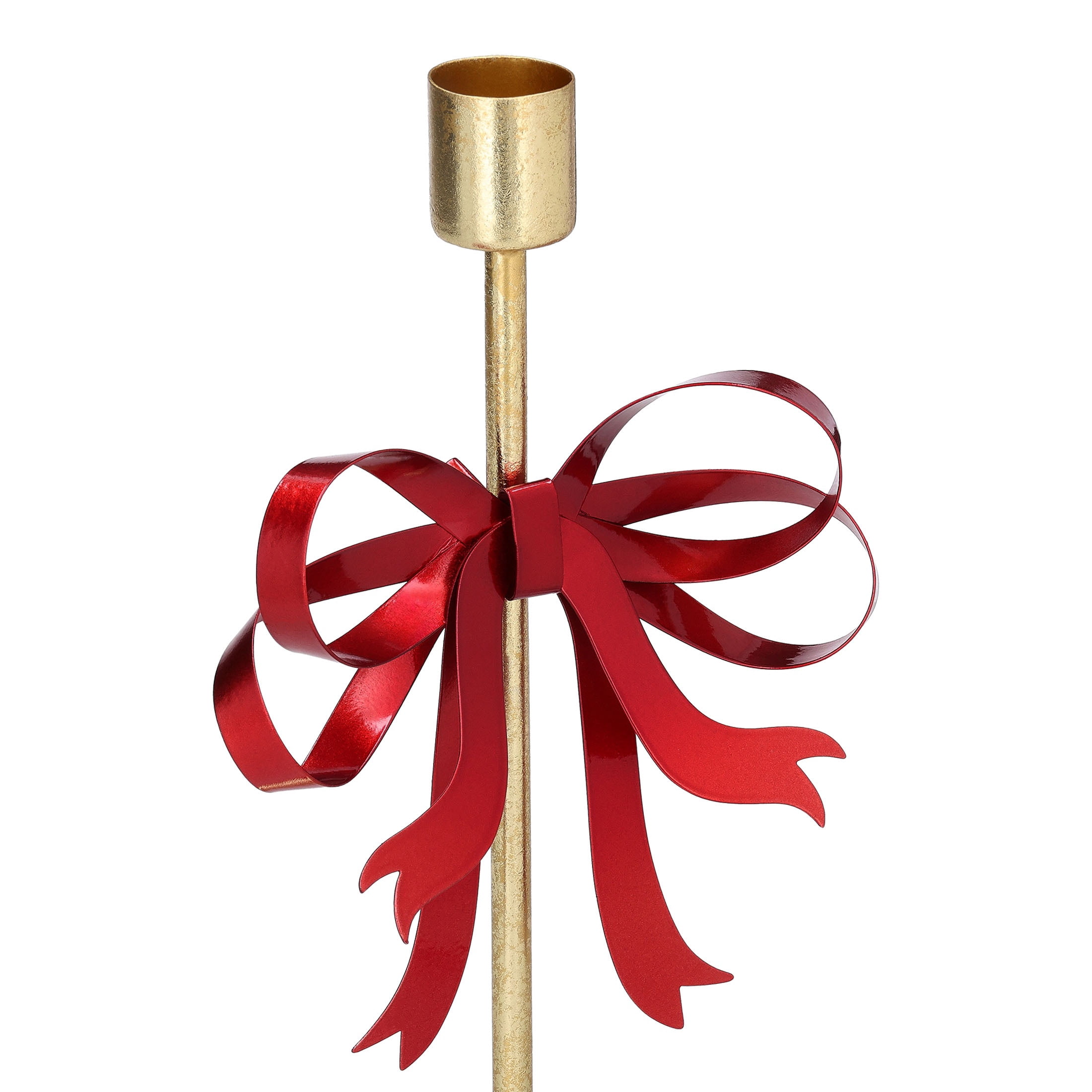 Medium Gold and Red Bow Metal Christmas Taper Candle Holder, 9.5", by Holiday Time