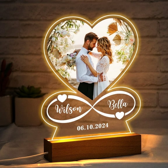 Personalized Acrylic Photo Plaque LED Night Light with Wooden Base Gift for Your Loved One Birthday Anniversary Christmas