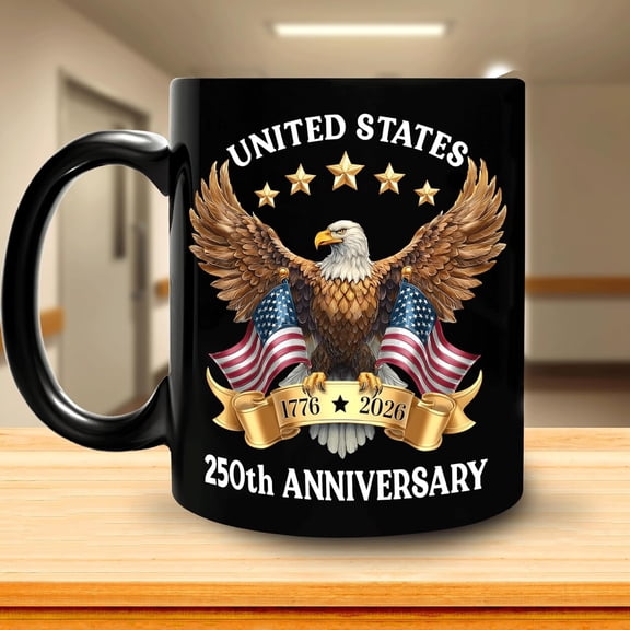 250th Anniversary of America Coffee Mug, USA 1776-2026 Patriotic Black Cup with Eagle and American Flag, US Eagle Gift for Men Women Veterans