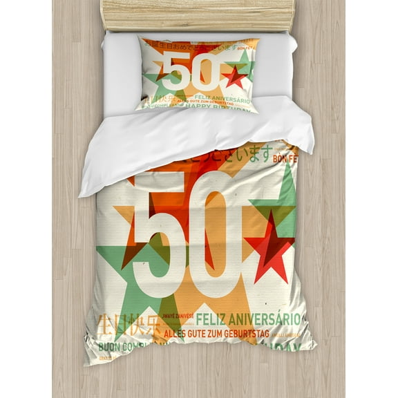 Ambesonne 50th Birthday Duvet Cover Set, Languages Celebration, Twin, Green Red Orange