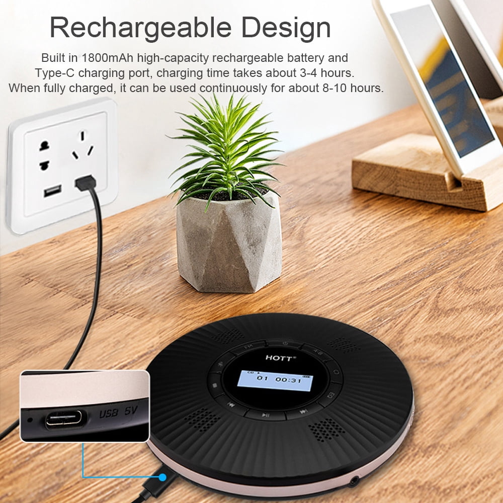 Rechargeable Wireless Portable CD Player with FM Transmission Function for Car, Built-in 4 Speaker, ASP Shockproof, Personal MP3/CD Music Disc Player