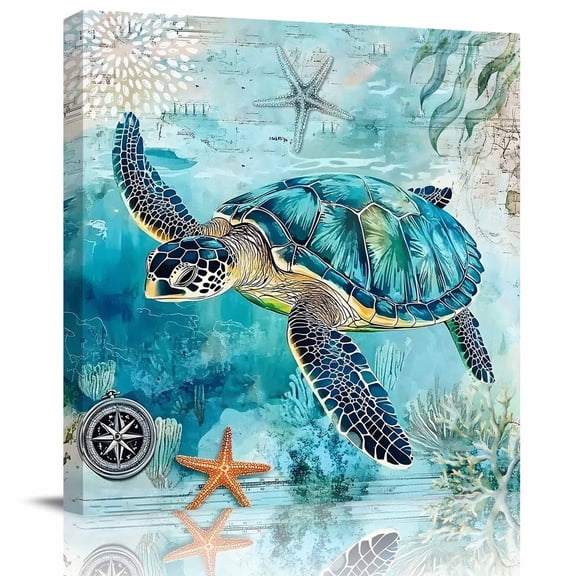 Sea ​​turtle Starfish Compass Canvas Artwork Painting Art, Blue Ocean World Square Framed Wall Decorations Prints Picture for Bedroom Kitchen Living Room, 8x8 in