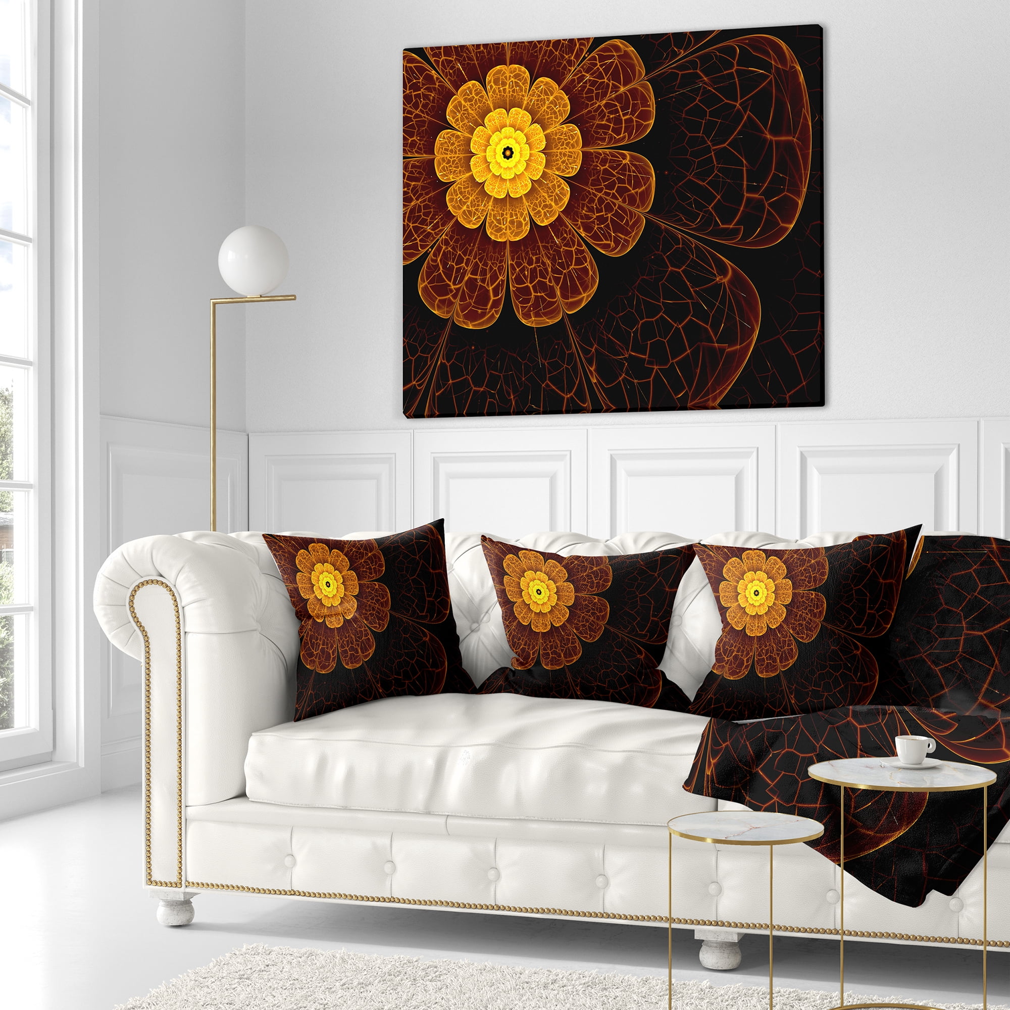 Designart Symmetrical Orange Fractal Flower - Floral Throw Pillow - 16x16
