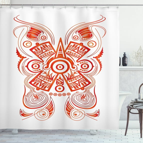 Ethnic Shower Curtain, Illustration of Mayan Concept Symbolic Details, Fabric Bathroom Set with Hooks, 69W X 84L Inches Extra Long, Vermilion White and Warm Taupe, by Ambesonne