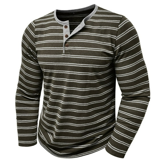 WTOBBY Men's Casual Long-Sleeve Shirt Striped Henley with Three-Button Design Relaxed Top for Spring and Fall Seasons Everyday Fashion,Army Green L