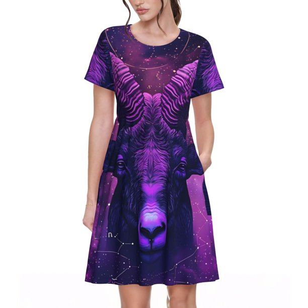 Easygdp Purple Starry Sky Antelope para Vestido Transpirable de Mujer, Vestido Suelto de Manga Corta con Pliegues y Bolsillos para el Verano