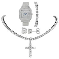 Women's Baguette Cut Iced Out Watch with Bling'ed Out Tennis Bracelet and Necklace with Matching Diamond Crystal Earing (L0513LA Trim SLV - 20")