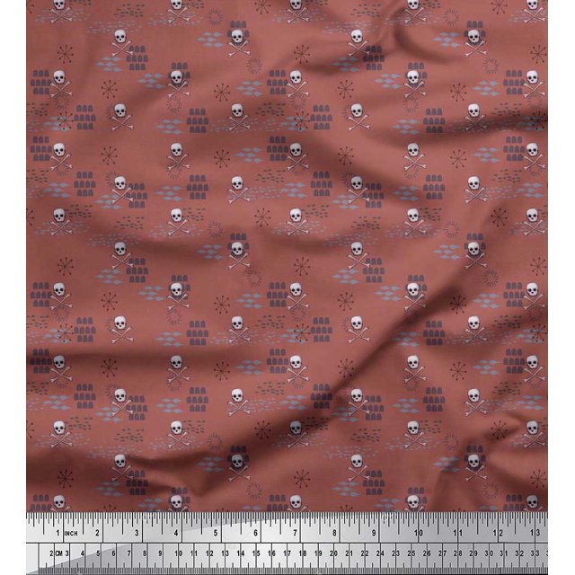 Soimoi Brown Satin Silk Fabric Crossbone & Skull Halloween Decor Fabric Printed Yard 42 Inch Wide