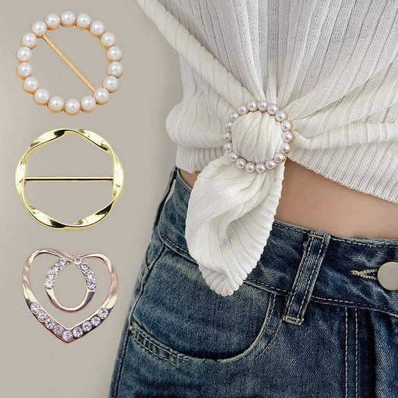 Yesbay 6 Pcs Clothes Corner Knotted Buttons Round Circle Heart Shape Faux Pearl Decor Scarf Ring Clips T-shirt Ties Clips Shirt Tighten Clips