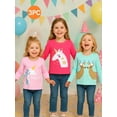 thumbnail image 3 of HILEELANG Little Girls Long Sleeve Graphic T-Shirts, 3-Pack Soft Cotton Crewneck Tees with Unicorn and Reindeer Prints, Pink Fuchsia Aqua 2T-8T, 3 of 7