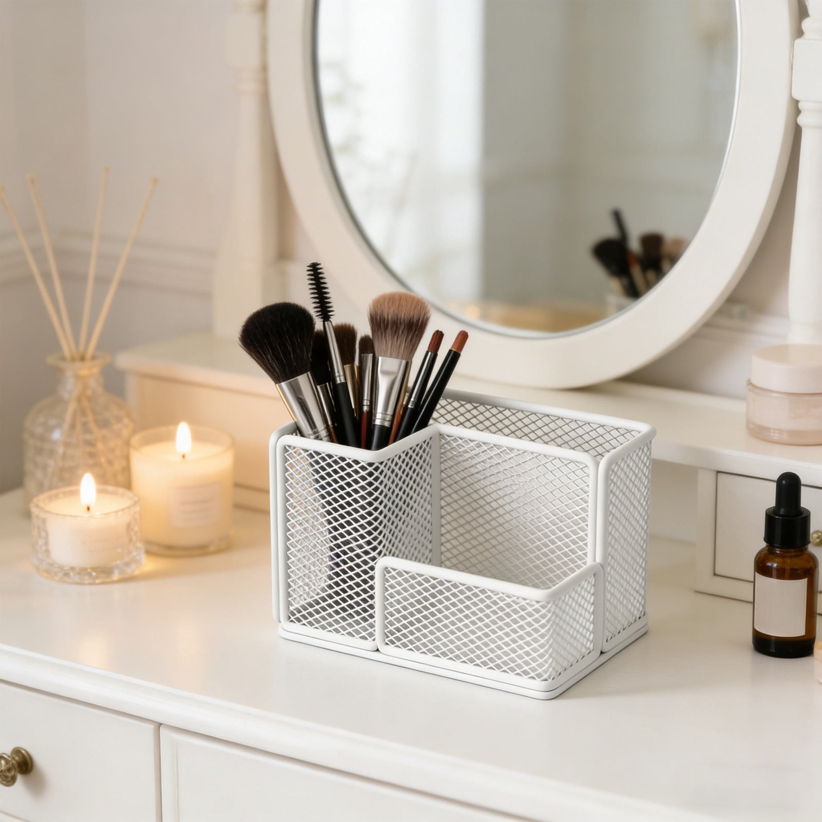 Mesh Pen Pencil Holder Desk Organizer, 3 Compartment Wire Desktop Pen Pencil Cup Caddy Office Supplies Desk Accessories for Home Office, White
