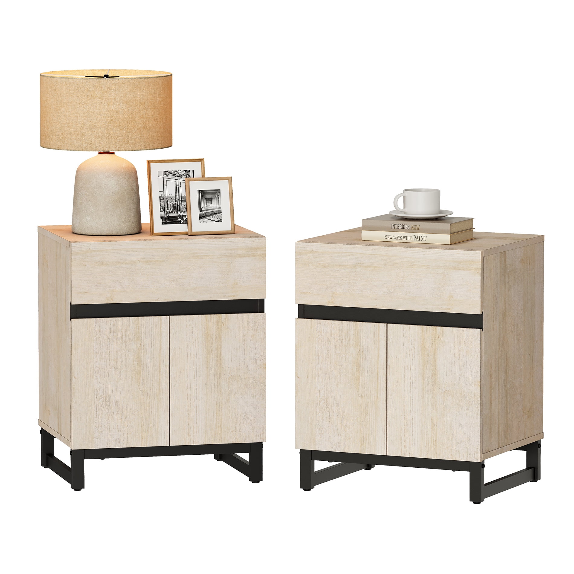 WAMPAT 2 Pack Nightstand with 1 Drawer and 1 Storage Cabinet, Modern Bedside Table with 2 Open Door for Bedroom, Wood Rustic Side End Table for Living Room, Light Oak
