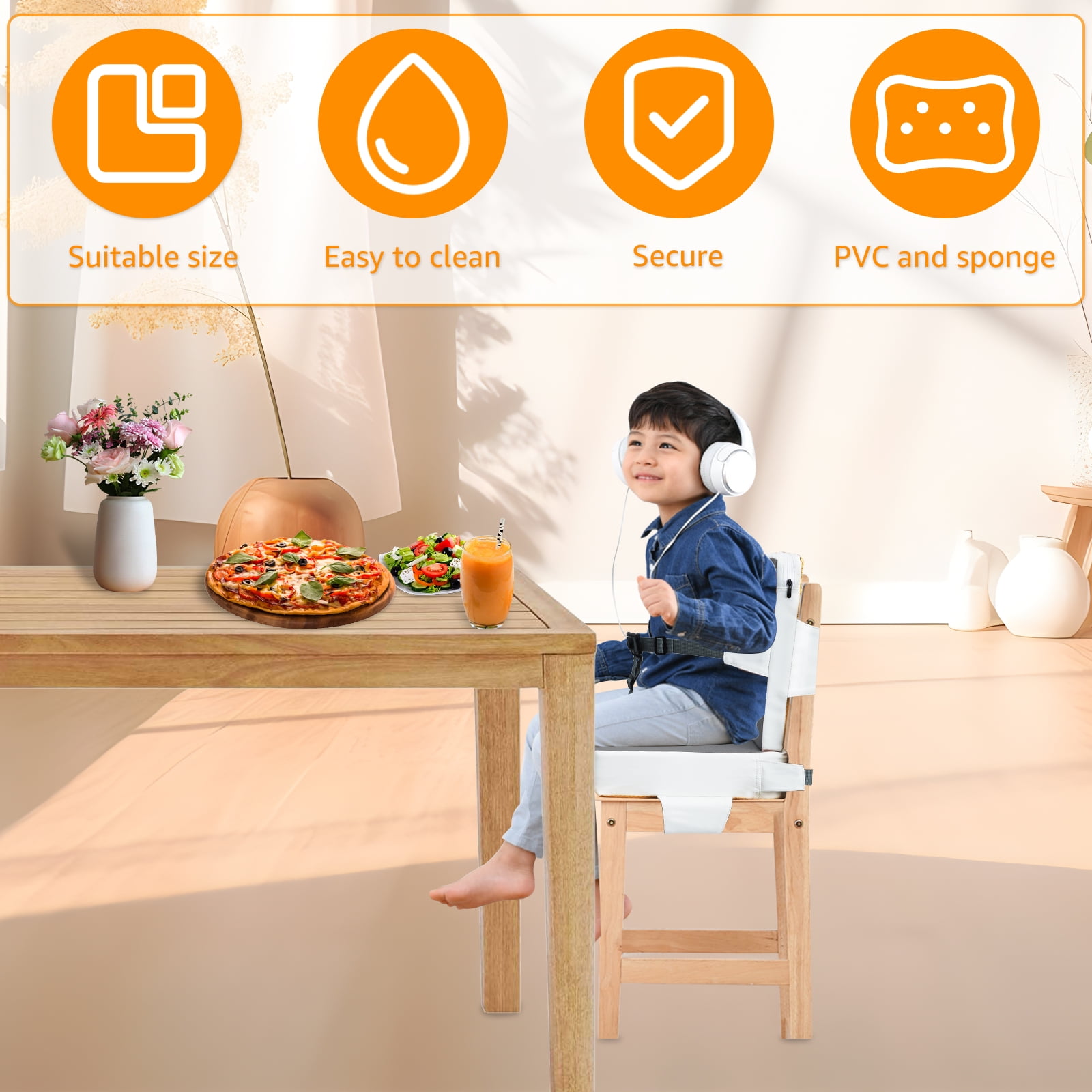 Dznils Toddler Booster Seat for Dining Table, with Backrest, Safety Buckles, Non-Slip Bottom, Gray