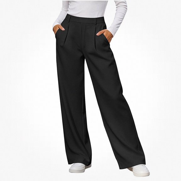 DJDLJWCJ Business Pants for Women Straight Leg High Waist Work Trousers Solid Color Stretchy Suit Pants Black Size XL