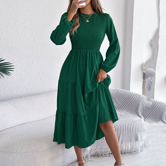 huilin Robe Maxi à Manches Longues pour Femme, Couleur Unie, Col Ras du Cou, Décontractée, Ample, Longue, pour Usage Quotidien