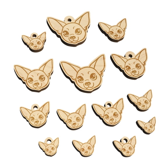 Chihuahua Dog Head Wood Mini Charms Shapes DIY Craft Jewelry - With Hole - Various Sizes (16pcs)