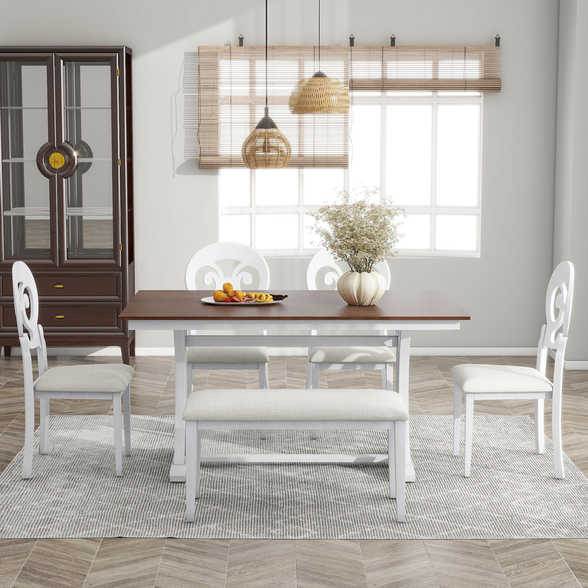 Atumon Dining Table Set for 6, Dining Room Set with Bench and 4 Beige Cushioned Chairs, 6 Piece Wooden Dining Table Set, Farmhouse Dining Table Set Furniture for Kitchen Dining Room, Brown Tabletop