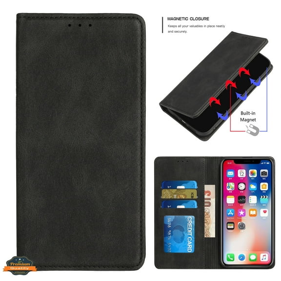 For TCL ION Z Wallet Premium PU Vegan Leather ID Credit Card Money Holder Magnetic Closure Pouch Flip Cover ,Xpm Phone Case [ Black ]