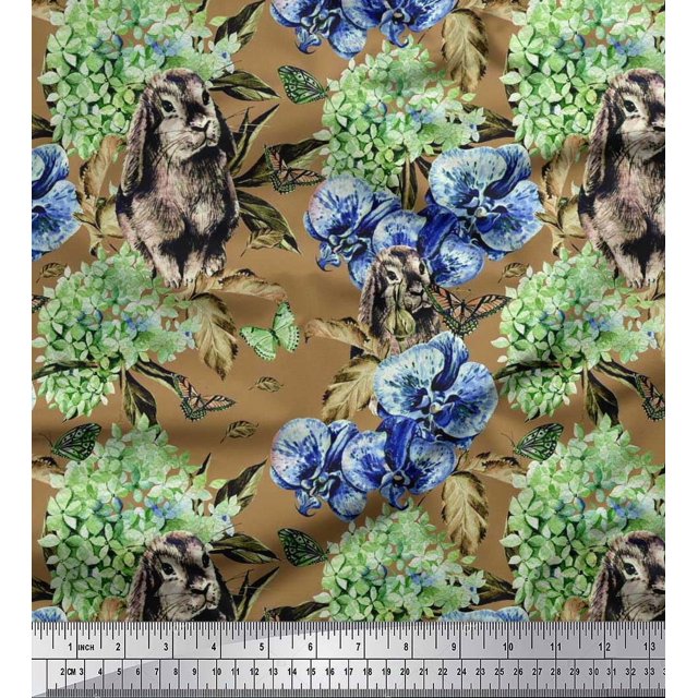 Soimoi Velvet Fabric Rabbit,Lilac & Pansy Floral Print Sewing Fabric Yard 58 Inch Wide