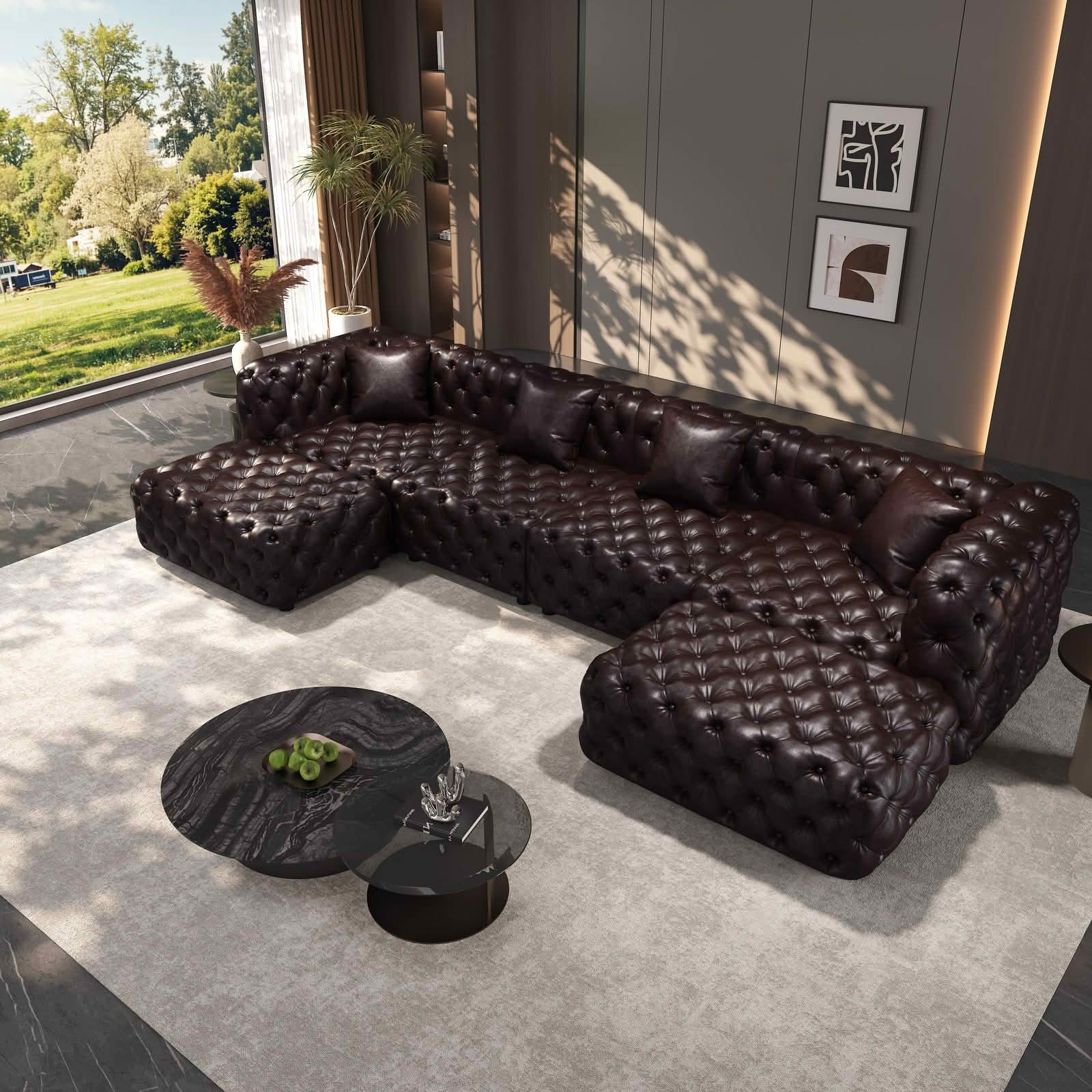 MAYEERTY 134.4" 4‑Seat Faux‑Leather Modular Sofa Set, Handcrafted Button Tufted Couch with 2 Ottomans & 4 Pillows for Living Room & Small Apartment