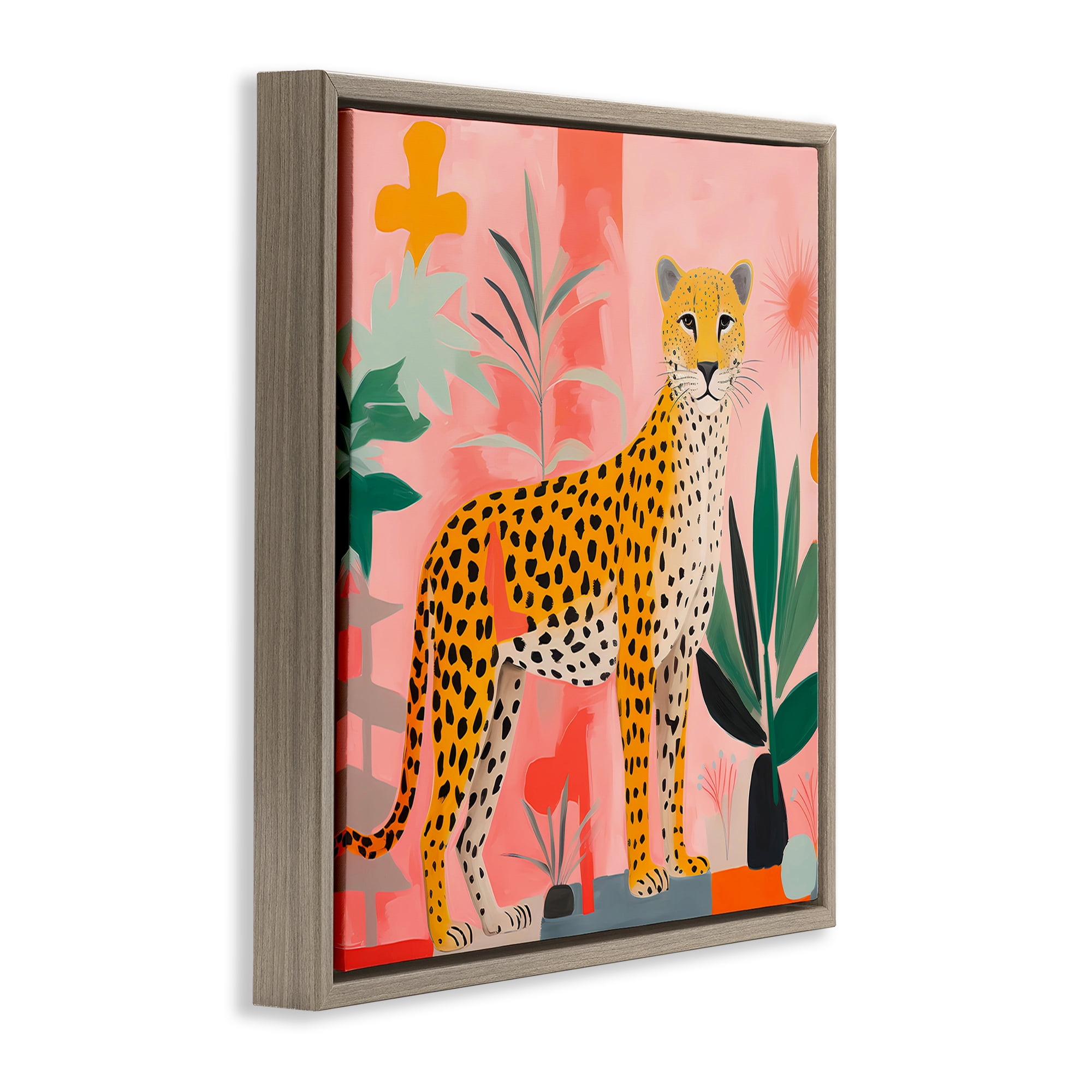 Stupell Industries Standing Leopard & Plants Animals & Insects Painting Brown Floater Framed Canvas Art Print Wall Art, 25 x 25