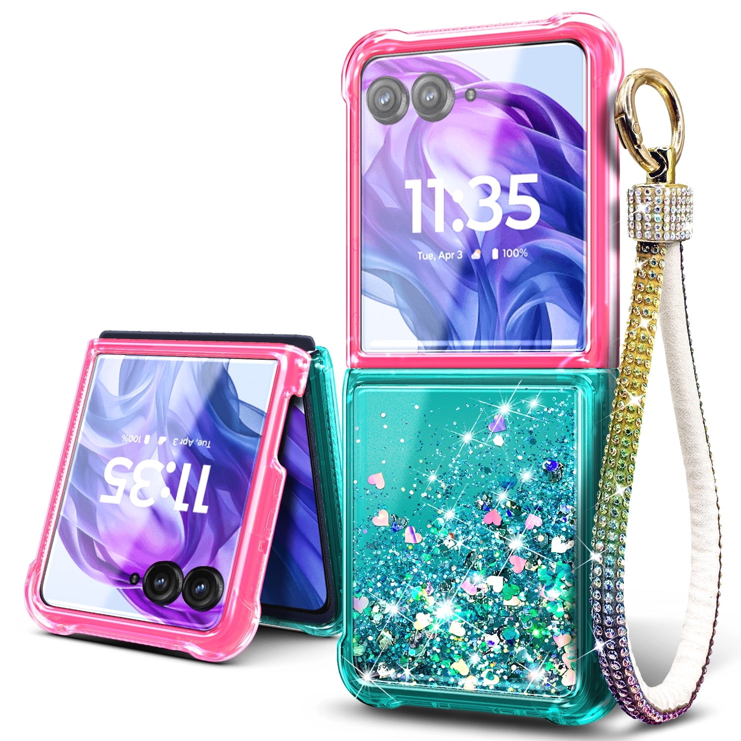 Nagebee For Motorola Razr 2024 Phone Case Girls’ Wrist Strap Lanyard Women’s Cute Glitter Liquid Phone Cover
