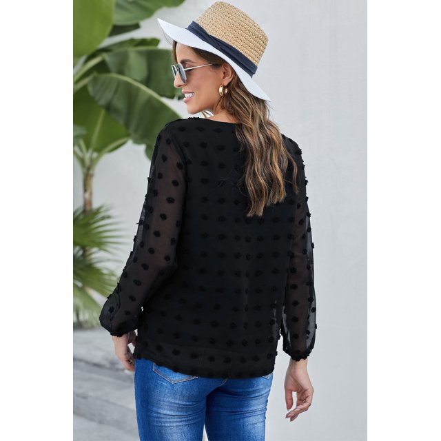 ABPHQTO Top de mujer de manga larga abullonada con lunares suizos negros