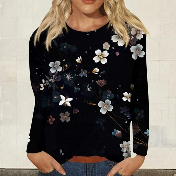 Black Women's Long Sleeve T-shirt, Long Sleeve Shirts For Women Womens T Shirts Long Sleeve Crew Neck Shirts Basic Tee Sort Comfy Printed Tops Blouse,Women's Long sleeve T-shirt L