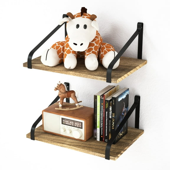 Love-KANKEI Floating Shelves Wall Mount Set of 2 Rustic Wood Wall Shelves with Large Storage for Kitchen Living Room Bathroom Bedroom L16.5 x W12 inch Carbonized Black