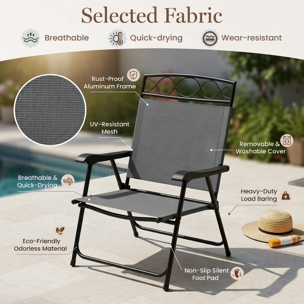 Hommoo 4-Pack Folding Patio Chairs with Armrests, Outdoor Dining Chairs, Lightweight Metal Frame, Easy-Store Compact Design for Deck, Backyard & Poolside, Gray