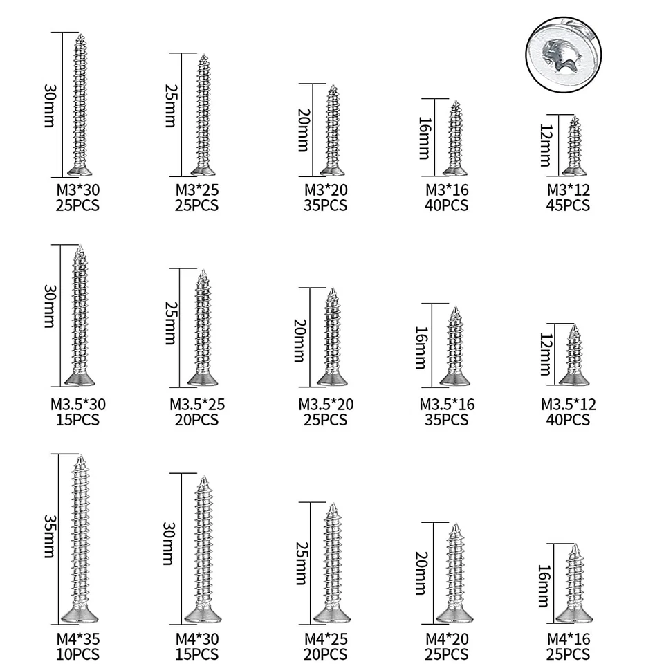 CIRCLE- 400 Pcs M3/M3.5/M4 Wood Screws Torx Head Pan Head Self Tapping Assortment Kit