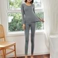 thumbnail image 3 of Xfvqtps Thermal Underwear for Women Pullover Round Neck Long Sleeve Solid Color Stripe Fitting Stretch Cozy Soft Comfortable Warm Fall Winter Top and Long Pants Pajama Set Gray, 3 of 4