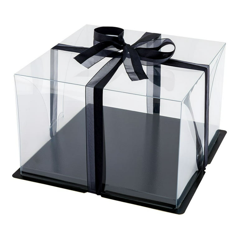 Sweet Vision Square Clear Plastic Cake Box - Black Base, Black Ribbon - 10  x 10 x 6 3/4 - 10 count box