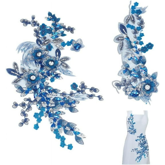 2pcs 3D Blue Flowers Beads Patches Embroidery Lace Trims with Sequins Rhinestone Patch for DIY