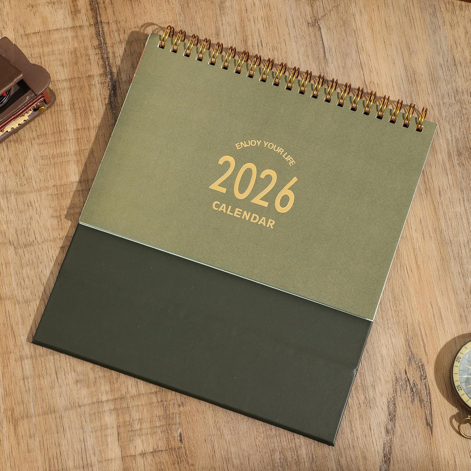 Small Desk Calendar 2026, Standing Flip Desktop Calendar from January 2026 to June 2027 - Metal Ring Twin-Wire Binding Monthly Desktop Calendar for Home Office School (Green)