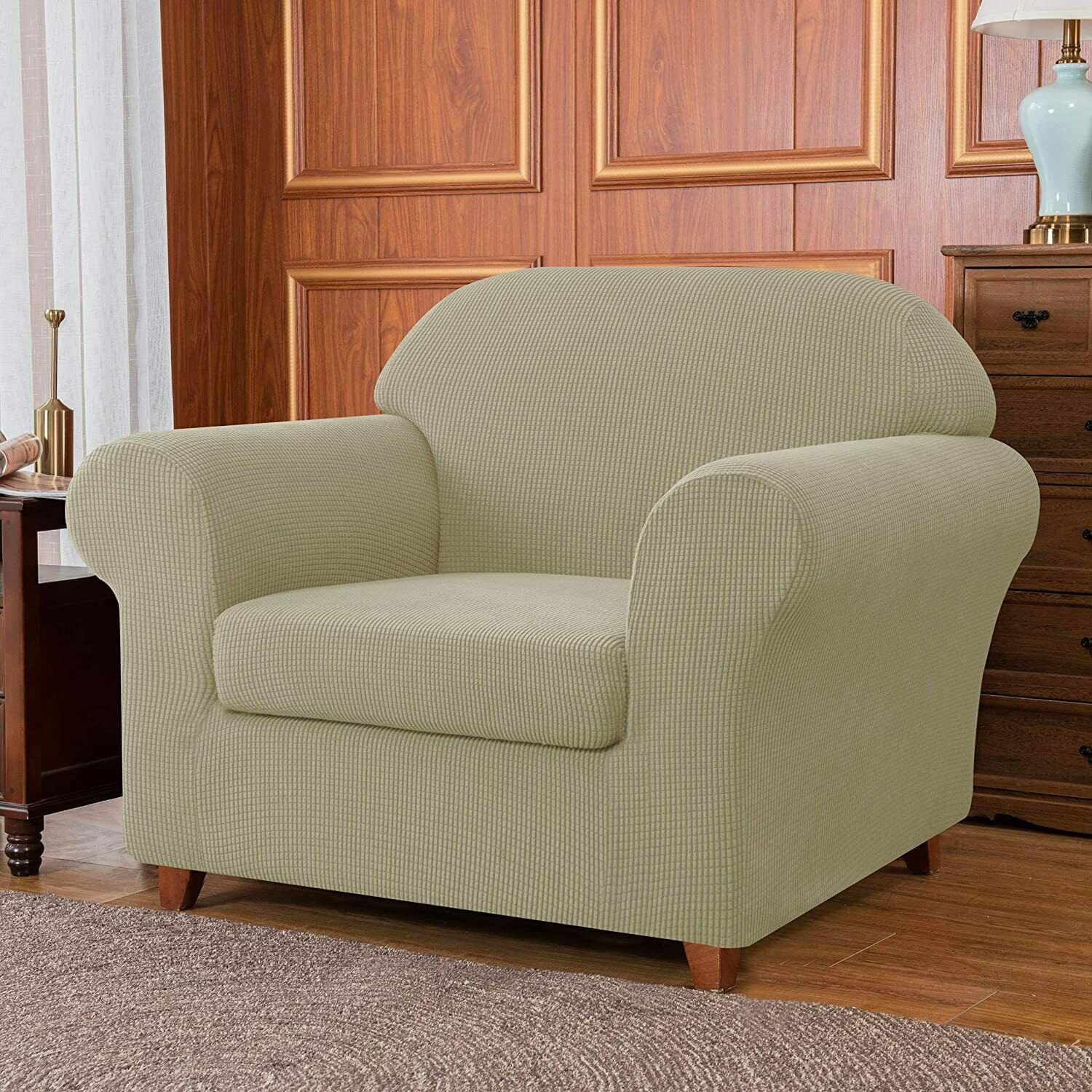 Subrtex Stretch 2-Piece Textured Grid Sofa Slipcover Jacquard Non Slip Couch Cover (Sand, Armchair)