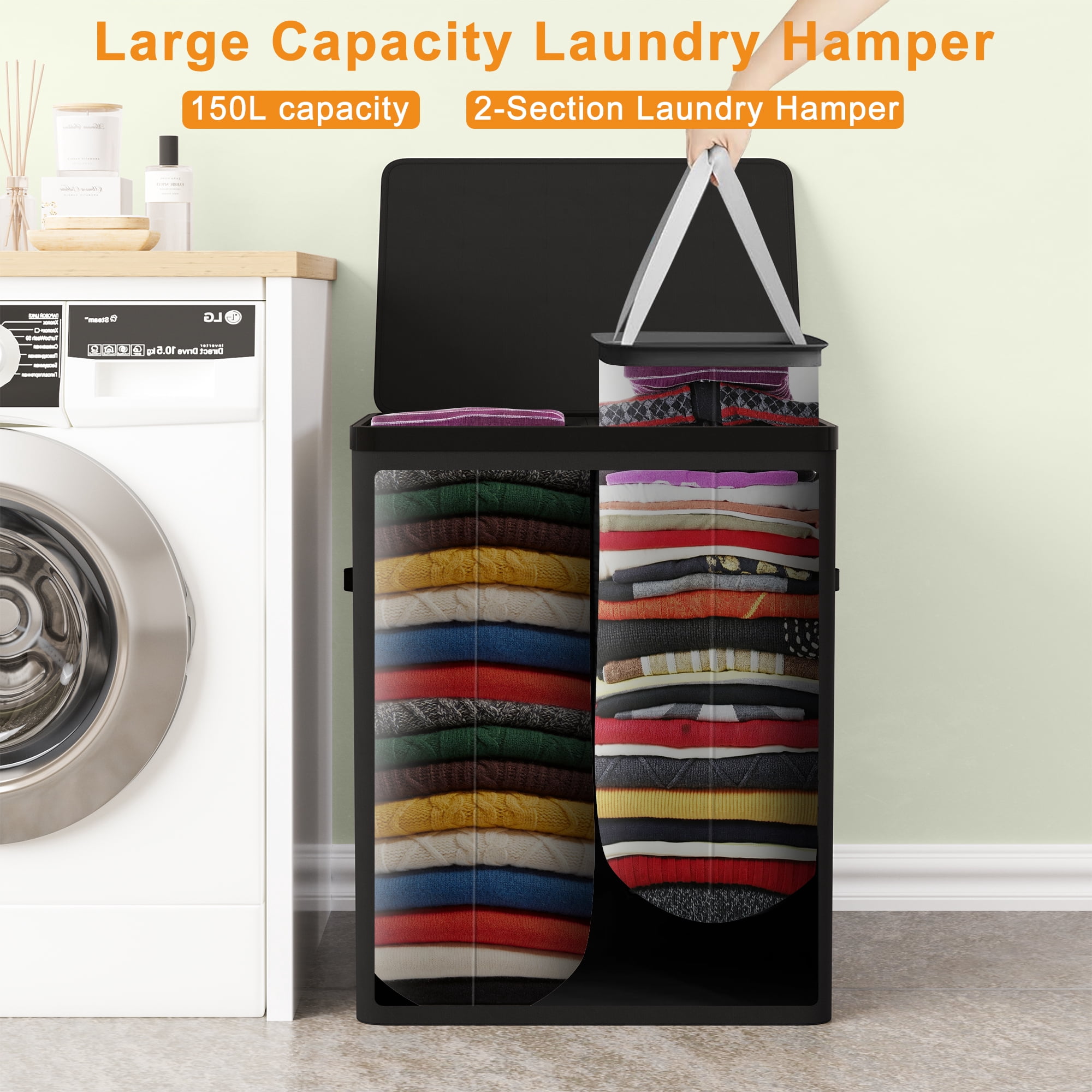 BGTREND 150L Double Laundry Hamper with Lid, 2 Removable Washing Bags with Handles, Large Clothes Sorter for Easy Separation (Black)