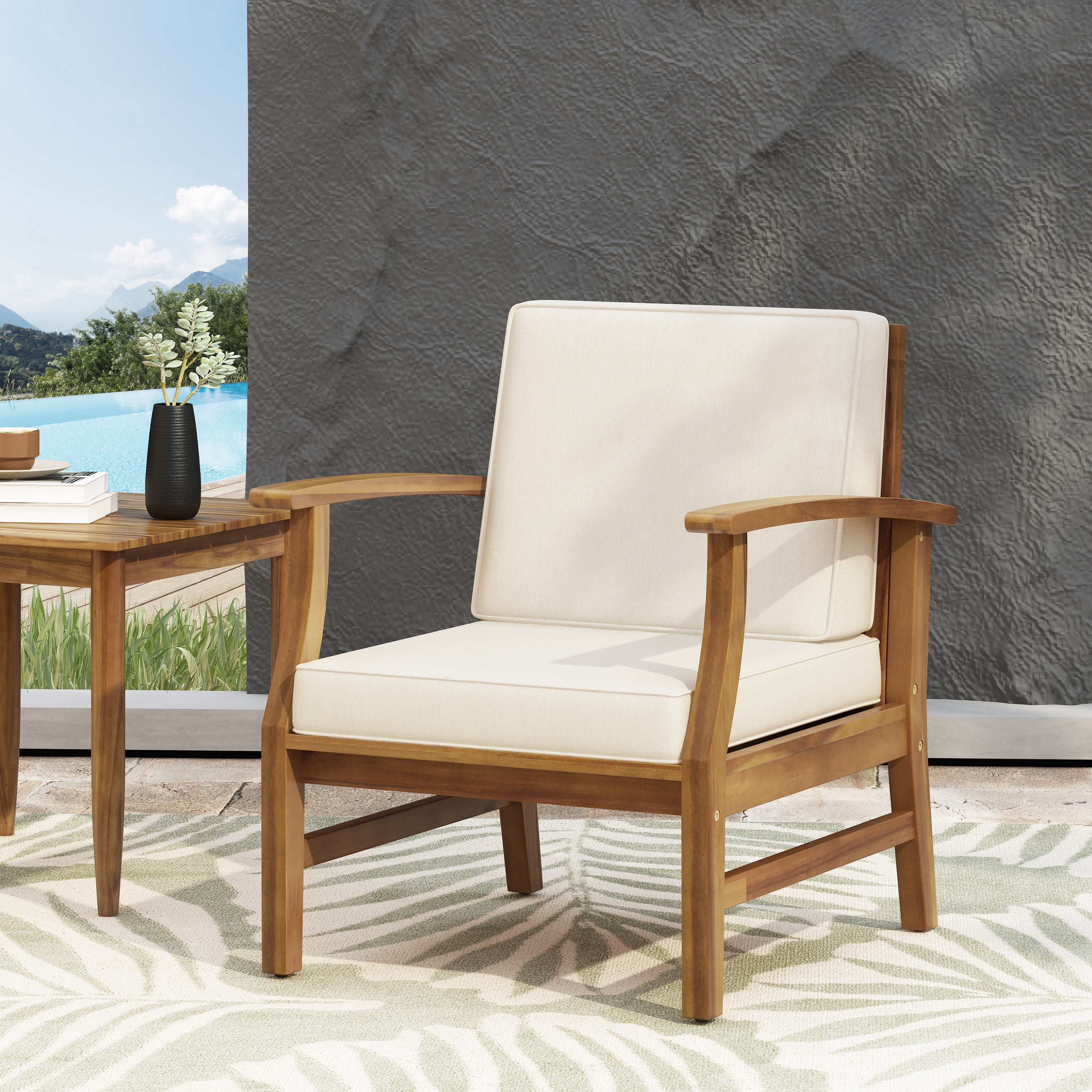 Outdoor Single Acacia Wood Club Chair, Comfort Leisure Seat for Patio Garden, Cream