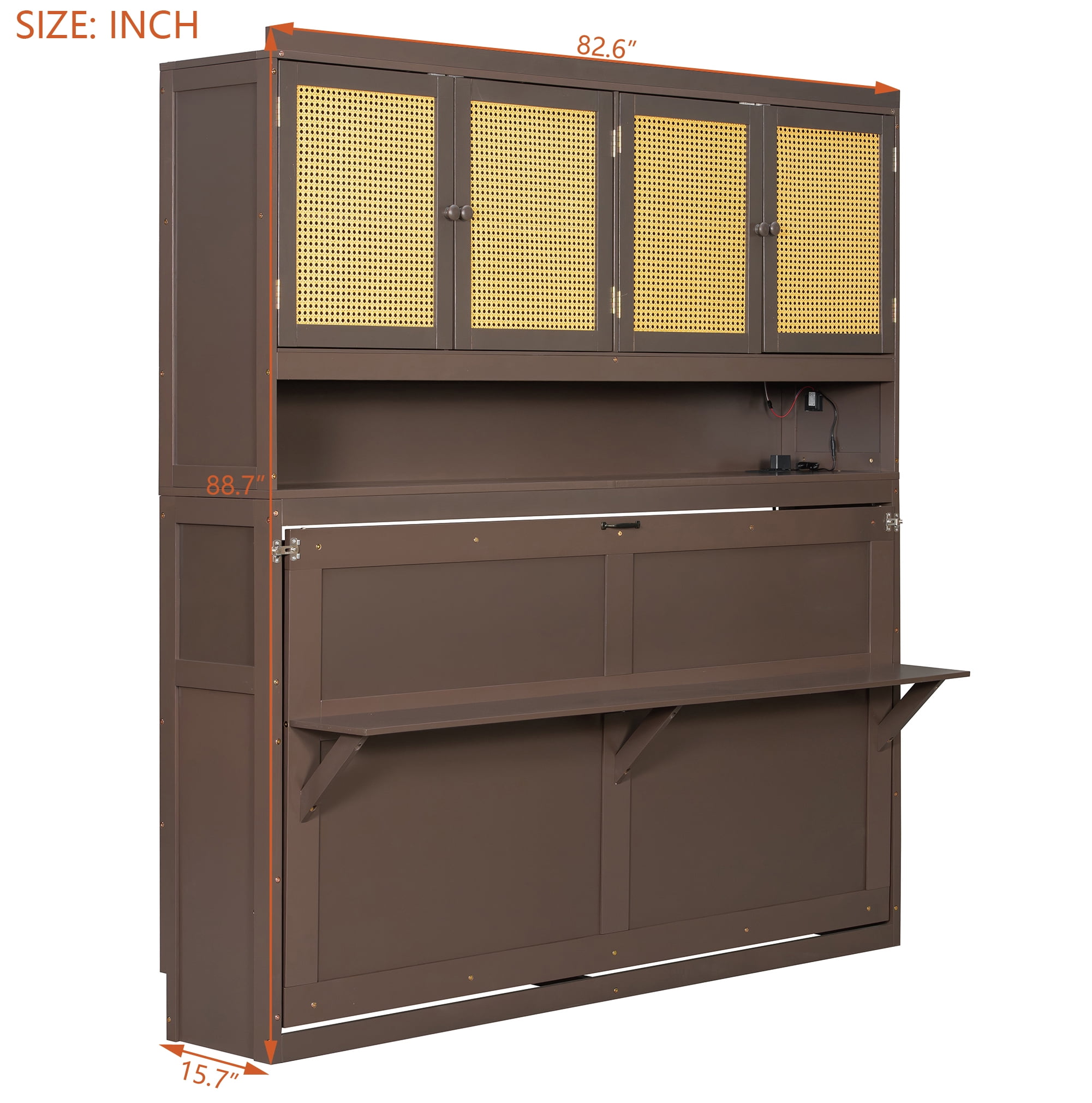 Mintazer Twin Murphy Bed with Rattan Cabinet & Desk, Wall Foldable Bed with Charge Station & LED Lighting for Bedroom Guest Room, Espresso