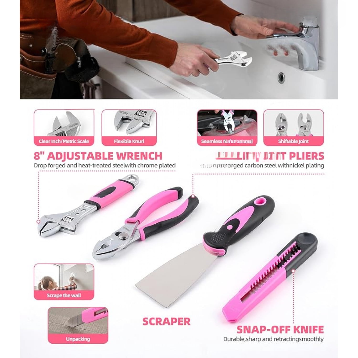 147 Pcs Pink Tool Kit with 12V Cordless Drill with 3/8" Keyless Chuck for Women, Home, Men, Built-in LED, Type-C Charge Cable