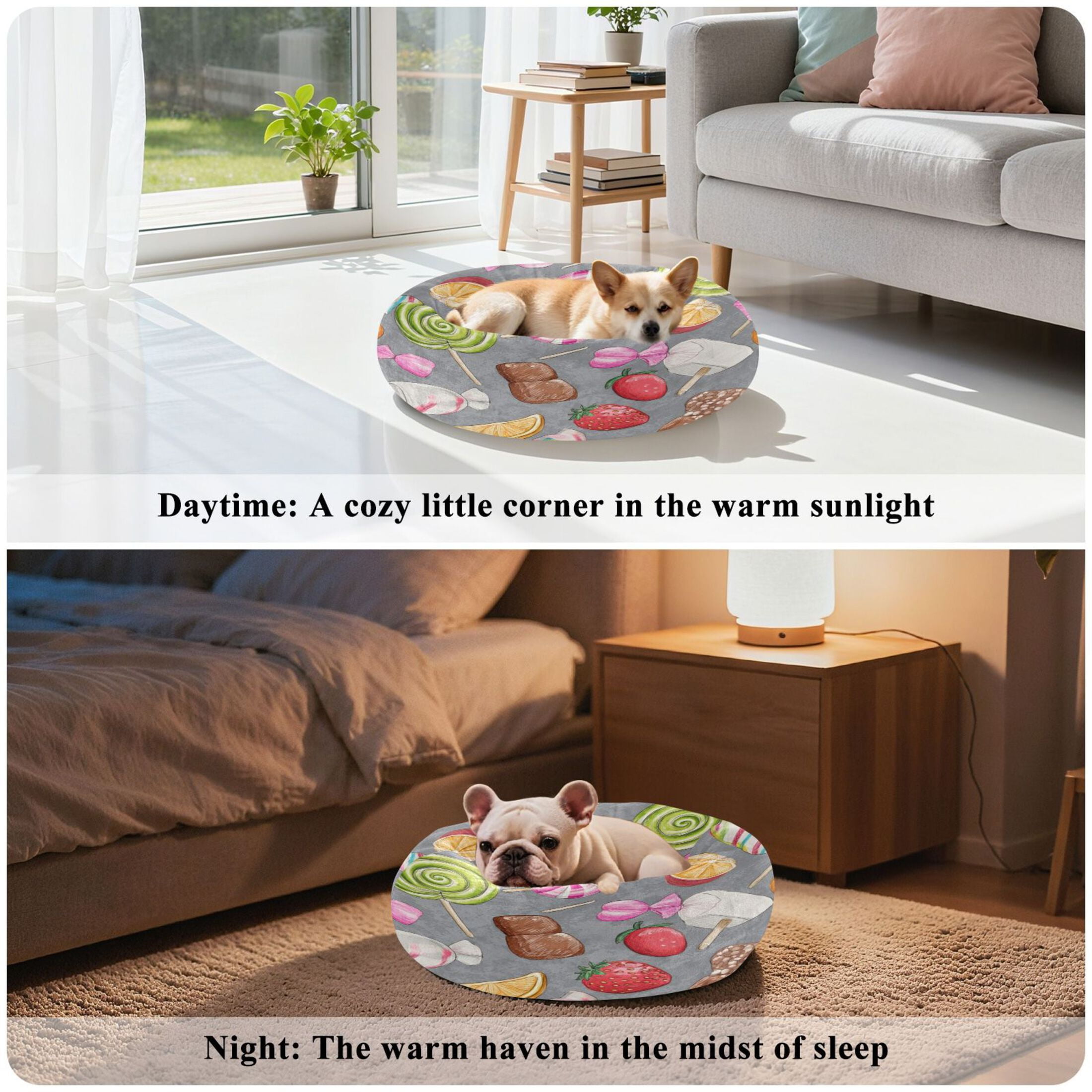 Iauyy Pet Couch Donut Cat Bed for Indoor Cats/Small Dogs Washable & Machine with Non-slip Bottom Calming Cat Furniture, Candies and Fruit Candies (M)
