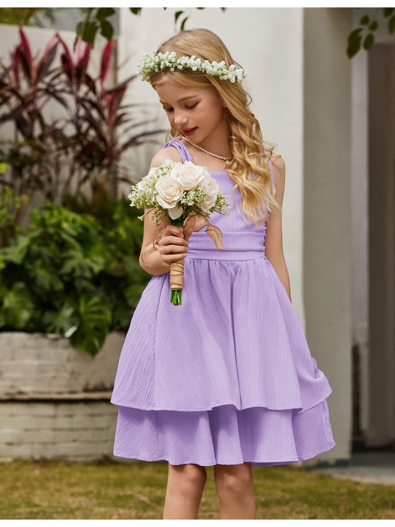 easter purple dresses Oudiya Girls Summer Purple Dresses Spaghetti Strap Flowy Tiered Ruched Smocked Back Casual Beach Midi Easter Sundress,6-14Y, Girl's, Size: 8-9Y