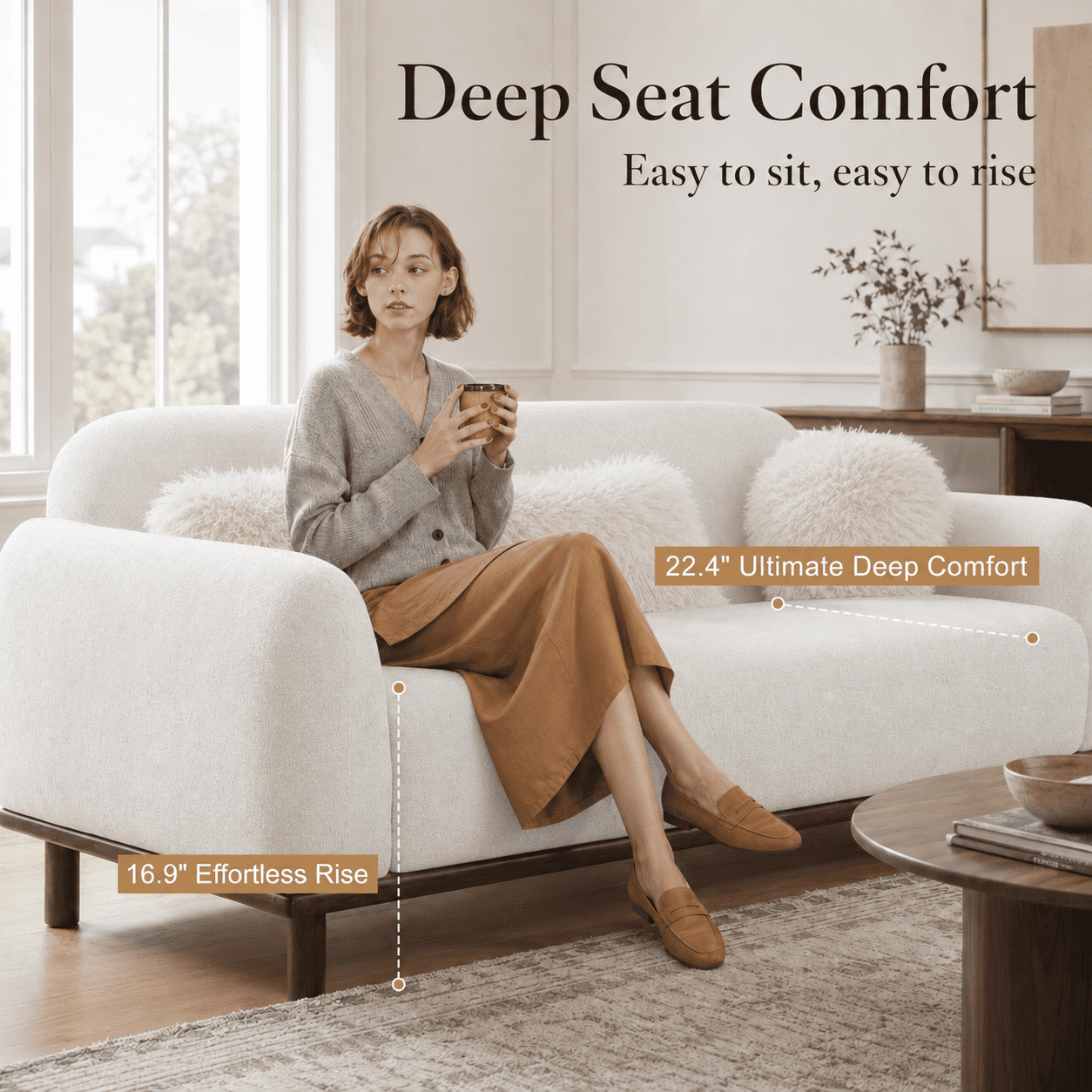 Aenkyo 84 Inch Modern Chenille Sofa, 3-Seater Deep Seat Couch with 3 Pillows, White
