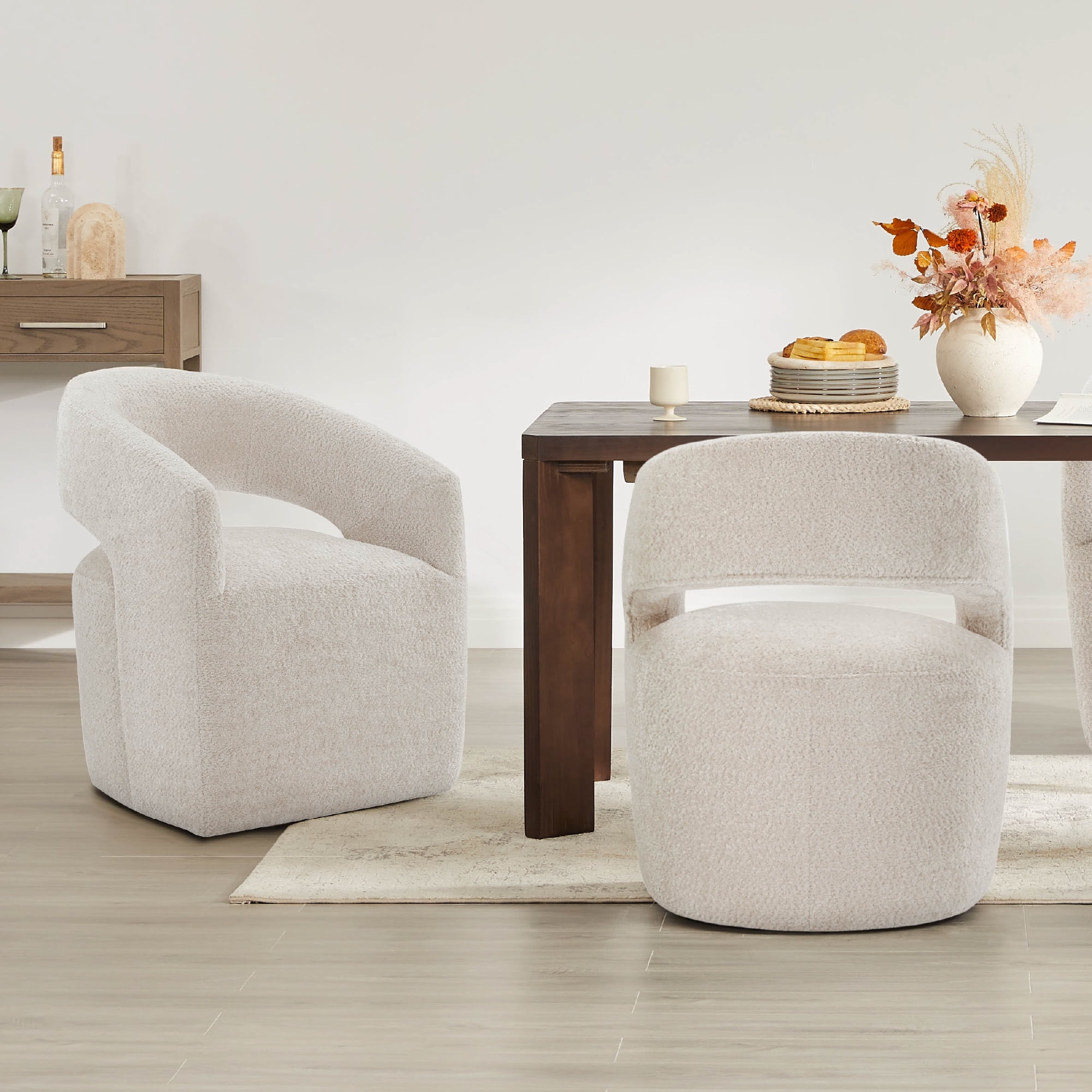 Spruce & Spring Barrel-Style Dining Chair with Upholstered Seat and Casters No Assembly Single, Beige-Fabric