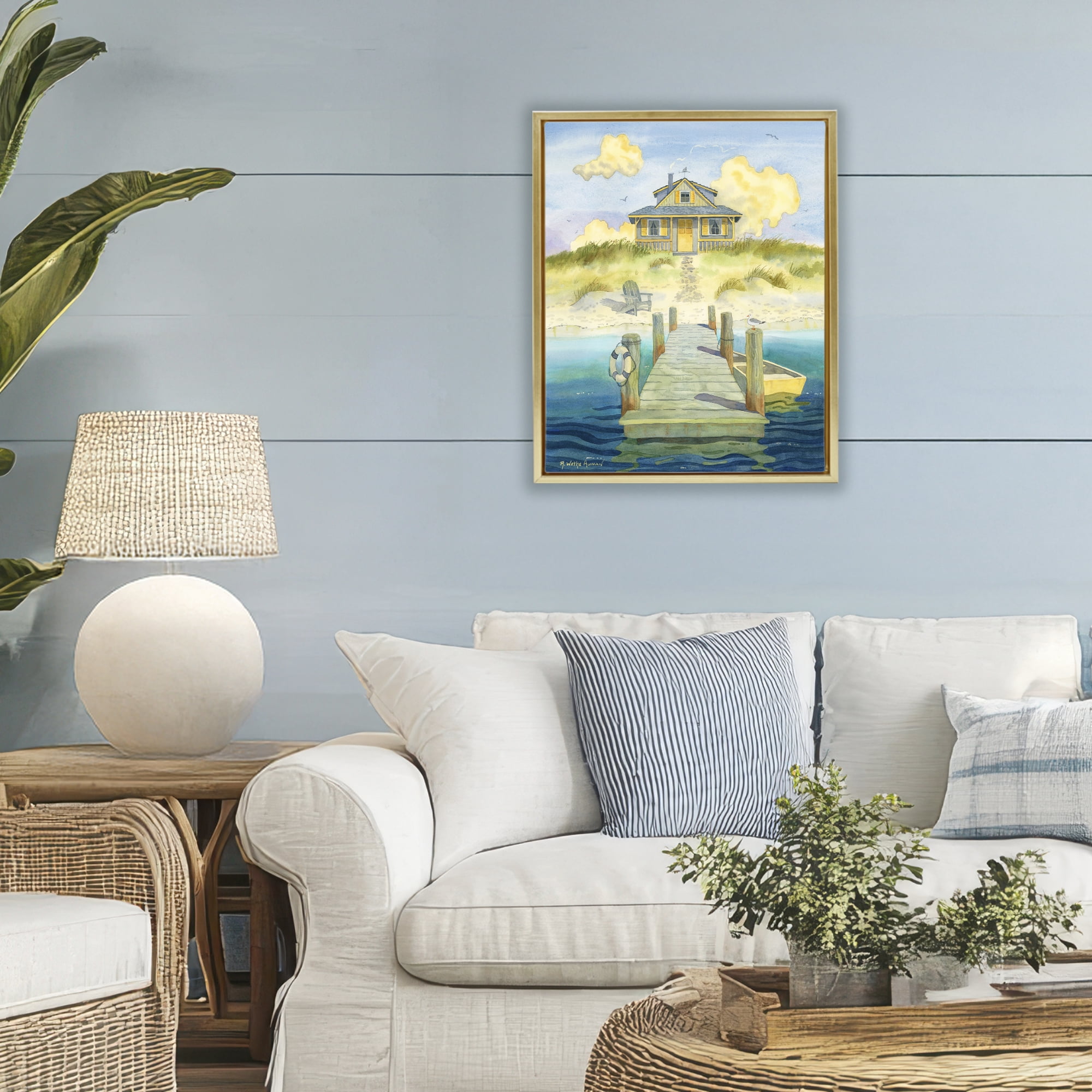 Stupell Industries Welcome Seaside Retreat Cottage Gold Framed Floater Canvas Wall Art, design by Robin Altman
