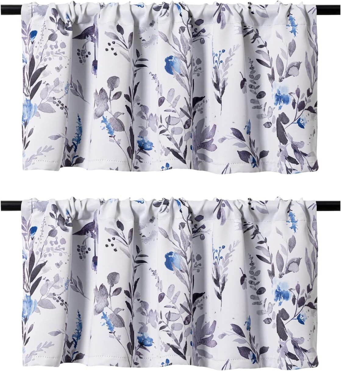 2 Pack Blackout Window Valance, 18 Inches Long Kitchen Window Curtains Over Sink Rod Pocket Pattern Valance for Bathroom Bedroom Living Room, Blue & Grey