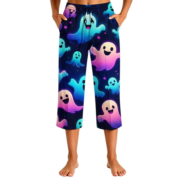 Zynoxe Womens Capri Pants Lounge Straight Breathable Halloween Printed Elastic Waist Plus Size Trousers with Pockets Trendy Streetwear Pajama Pants