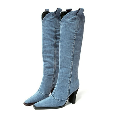 

Daeful Ladies Western Boot Block Winter Shoes Pull On Knee High Boots Non Slip Fashion Dress Blue 4.5